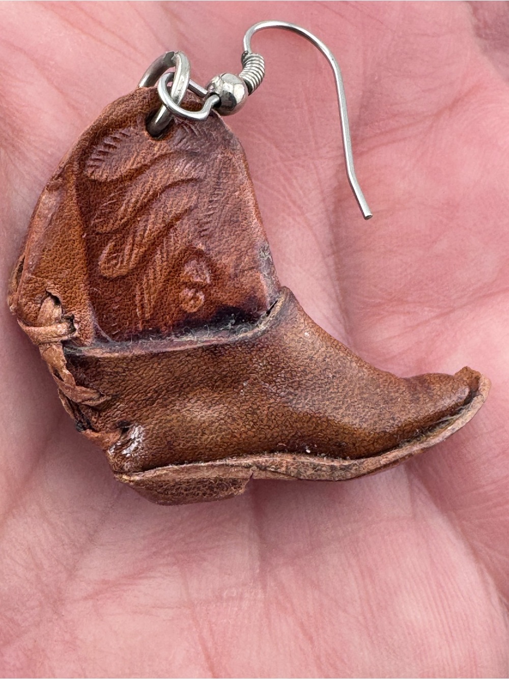 Brown Leather Cowboy Boot Earrings Western Cowgirl Tooled Dangle Jewelry - Picture 7 of 16